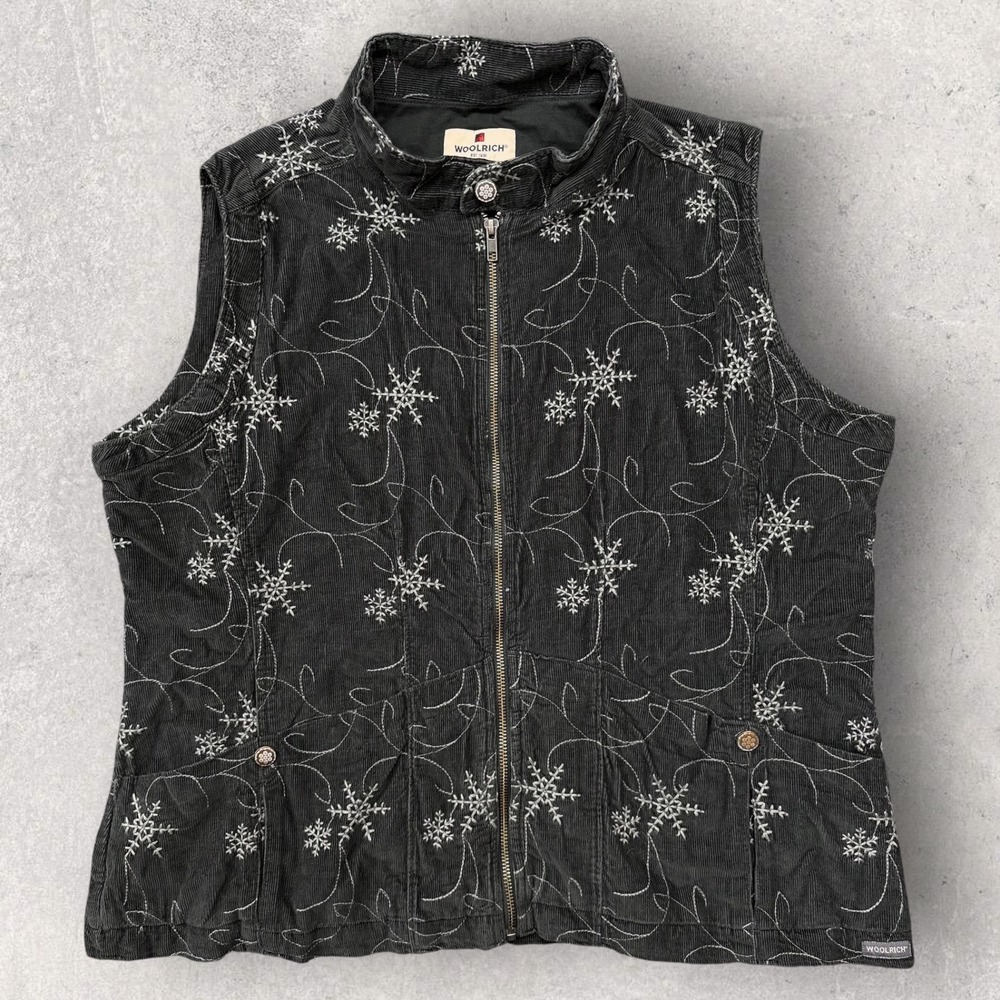 Vtg Woolrich Corduroy Vest Womens XL Gray Snowflake Embroidery Full Zip Cotton